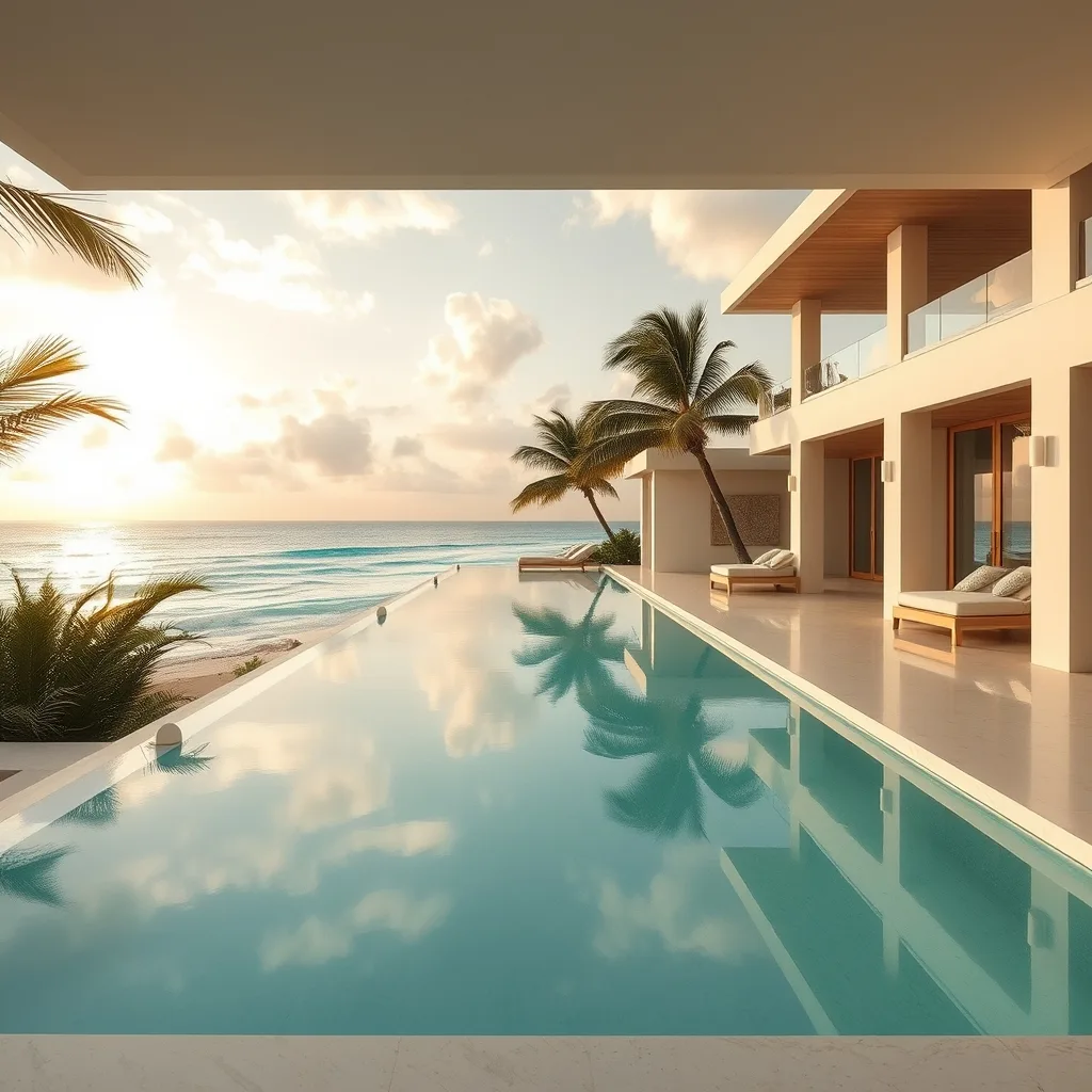 Villa de lujo frente al mar Caribe con alberca infinity al atardecer en la Riviera Maya